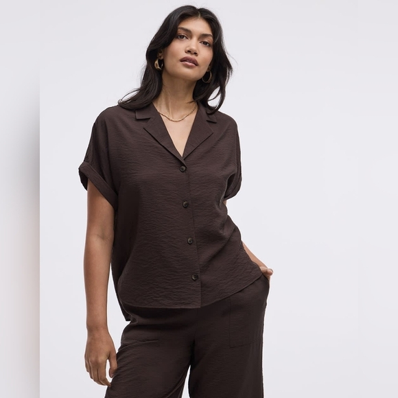 Women's Brown Notched Collar Button Down Top Size Small - Picture 2 of 12